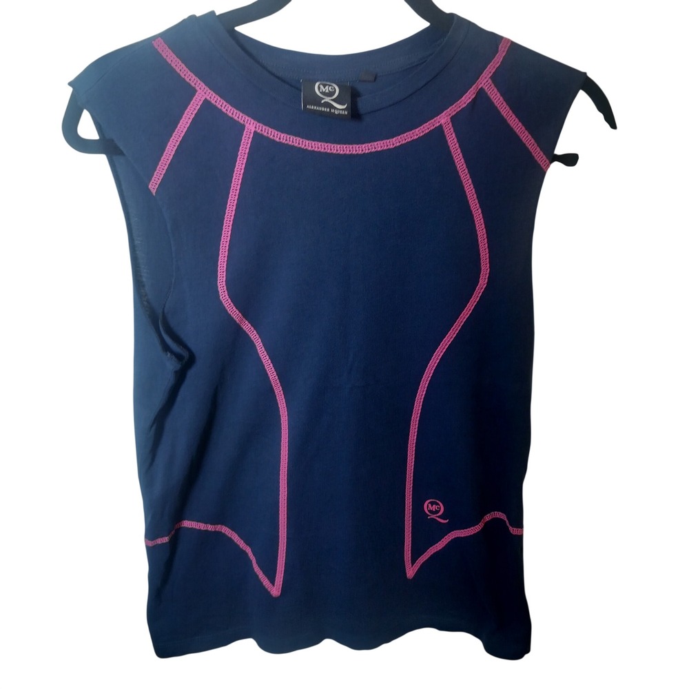 McQ Alexander McQueen Sleeveless Top Navy Pink Contrast Stitch Crew Neck Small.